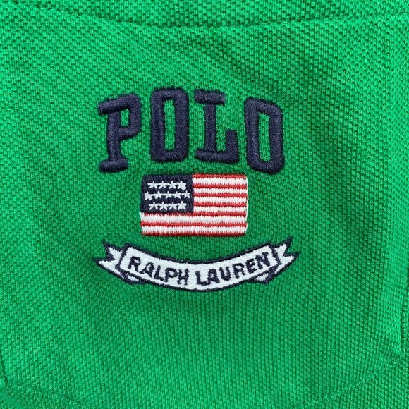 Vintage Ralph Lauren Mens Shirt Medium Green Pique Polo USA Flag Embroidered - Picture 3 of 7
